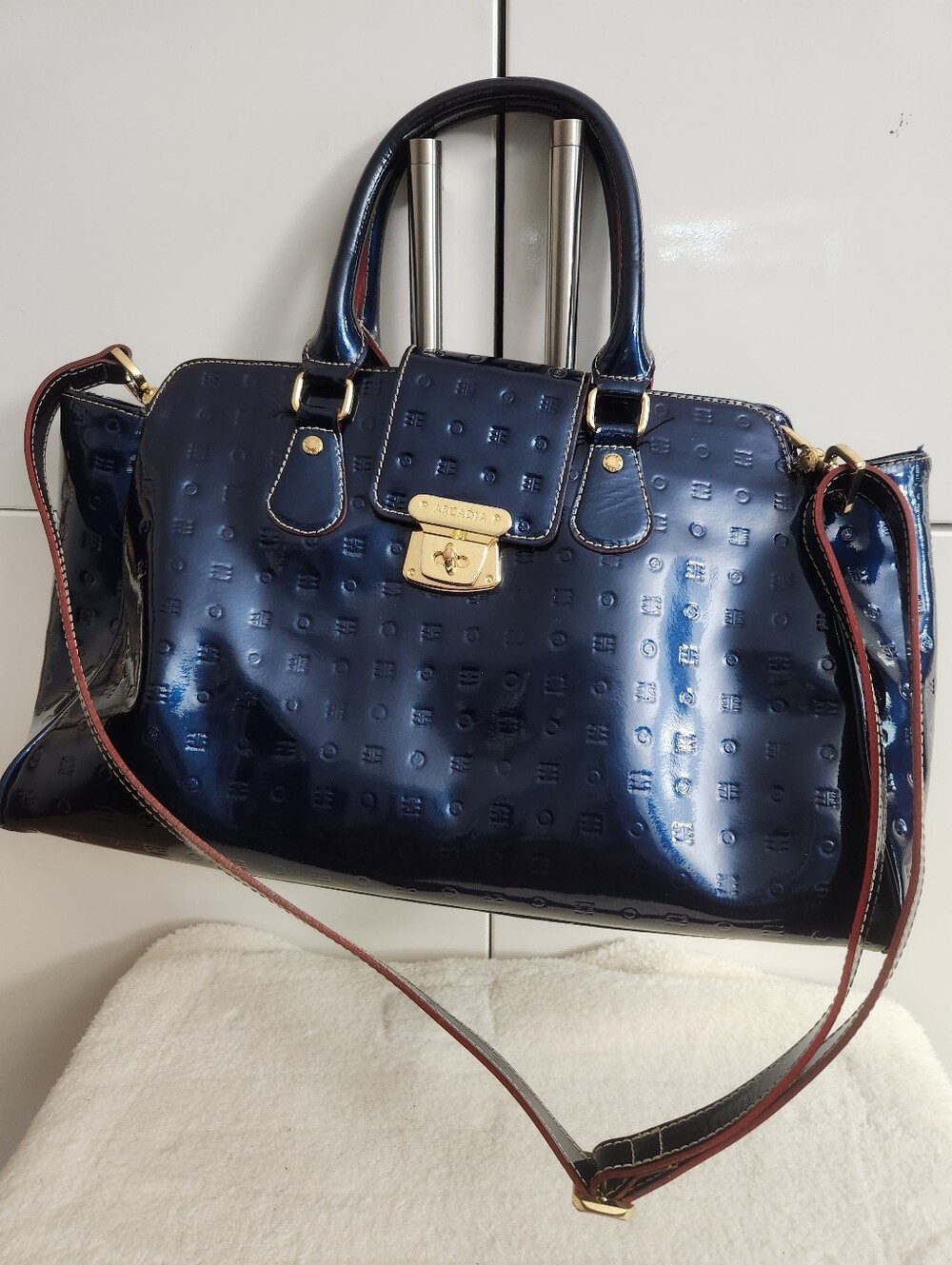 Arcadia Navy Patent Satchel with Gold Hardware